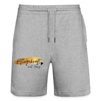 Pflegekraft mit Herz Goldschrift Geschenk Jubiläum - Stanley/Stella Unisex Bio Joggingshorts Trainer  - Grau meliert - Vorne - Nik (191cm) & Marisol (170cm)