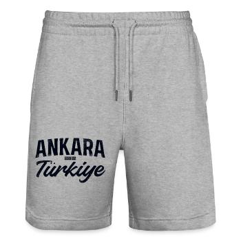 Ankara Turkiye Font Logo - Stanley/Stella Trainer Unisex Organic Jogging Shorts - heather grey - Front - Nik (191cm) & Marisol (170cm)