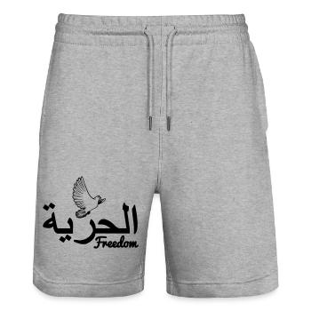 Liberté avec colombe de la paix écrit arabe - Short de jogging bio TRAINER Stanley/Stella unisexe - gris chiné - Devant - Nik (191cm) & Marisol (170cm)