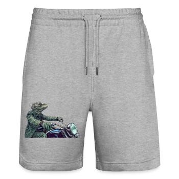 Reptil in Grün auf einem Motorrad - Stanley/Stella Unisex Bio Joggingshorts Trainer  - Grau meliert - Vorne - Nik (191cm) & Marisol (170cm)