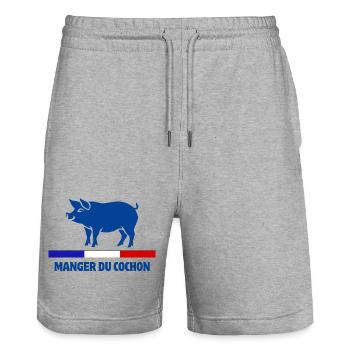 manger du cochon, boucher, boucherie - Short de jogging bio TRAINER Stanley/Stella unisexe - gris chiné - Devant - Nik (191cm) & Marisol (170cm)
