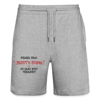 Meiner Frau passts schon - Stanley/Stella Unisex Bio Joggingshorts Trainer  - Grau meliert - Vorne - Nik (191cm) & Marisol (170cm)