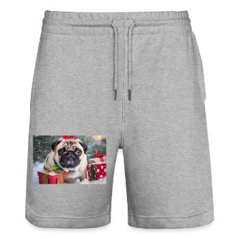 Cute Christmas Pug with Gifts - Stanley/Stella Trainer Unisex Organic Jogging Shorts - heather grey - Front - Nik (191cm) & Marisol (170cm)