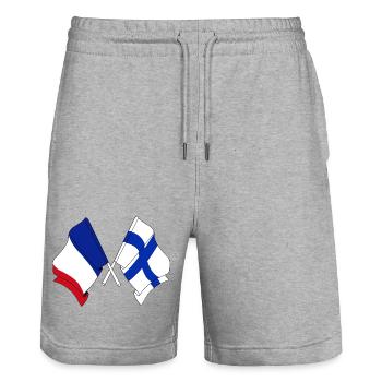 Two flags crossed from France flag Finland - Stanley/Stella Trainer Unisex Organic Jogging Shorts - heather grey - Front - Nik (191cm) & Marisol (170cm)