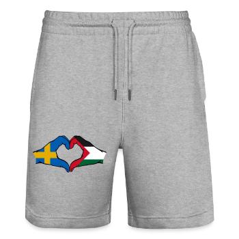 Forme de coeur Suède Palestine avec mains - Short de jogging bio TRAINER Stanley/Stella unisexe - gris chiné - Devant - Nik (191cm) & Marisol (170cm)