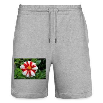 Dahlia White Red Blossom ,Flower - Stanley/Stella Trainer Unisex Organic Jogging Shorts - heather grey - Front - Nik (191cm) & Marisol (170cm)
