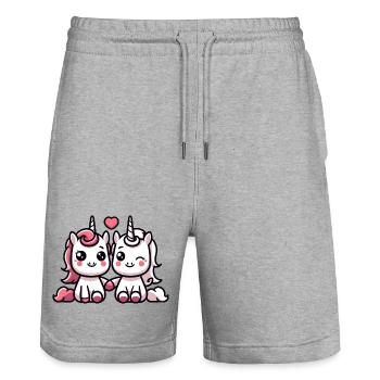 Des licornes câlines - Short de jogging bio TRAINER Stanley/Stella unisexe - gris chiné - Devant - Nik (191cm) & Marisol (170cm)