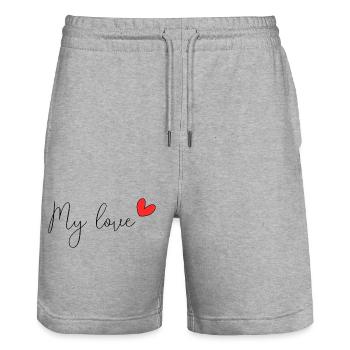 HERZ. HERZ. VALENTINSTAG. LIEBE. LIEBE. PAAR. - Stanley/Stella Unisex Bio Joggingshorts Trainer  - Grau meliert - Vorne - Nik (191cm) & Marisol (170cm)