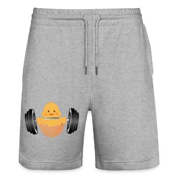 Bodybuilder Küken mit Hantel beim Training - Stanley/Stella Unisex Bio Joggingshorts Trainer  - Grau meliert - Vorne - Nik (191cm) & Marisol (170cm)