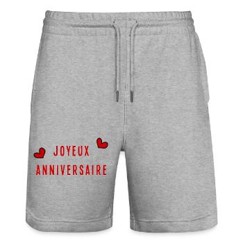 HAPPY BIRTHDAY. HAPPY BIRTHDAY. ANNIVERSARY. - Stanley/Stella Trainer Unisex Organic Jogging Shorts - heather grey - Front - Nik (191cm) & Marisol (170cm)