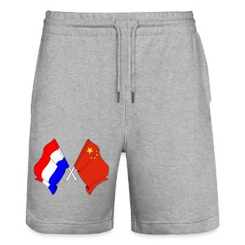 Flag of the Netherlands and flag China - Stanley/Stella Trainer Unisex Organic Jogging Shorts - heather grey - Front - Nik (191cm) & Marisol (170cm)