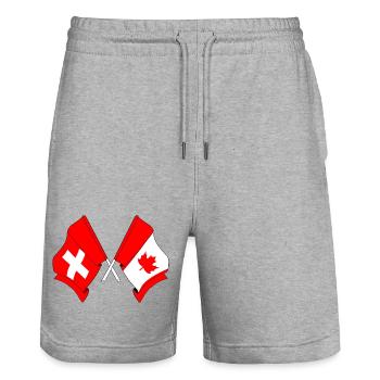 Flag of Switzerland and flag Canada - Stanley/Stella Trainer Unisex Organic Jogging Shorts - heather grey - Front - Nik (191cm) & Marisol (170cm)