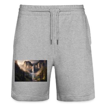 Poster Oil Painting Mountain Landscape with Waterfall - Stanley/Stella Trainer Unisex Organic Jogging Shorts - heather grey - Front - Nik (191cm) & Marisol (170cm)