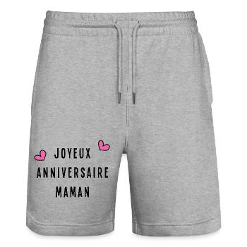 JOYEUX ANNIVERSAIRE. HAPPY BIRTHDAY. ANNIVERSAIRE. - Short de jogging bio TRAINER Stanley/Stella unisexe - gris chiné - Devant - Nik (191cm) & Marisol (170cm)