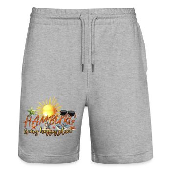 Hamburg is my happy place Urlaubsreise Nordsee - Stanley/Stella Unisex Bio Joggingshorts Trainer  - Grau meliert - Vorne - Nik (191cm) & Marisol (170cm)