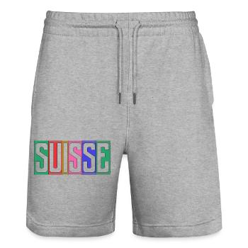 SWITZERLAND. HUMOR. COUNTRY. FLAG. GENEVA. LAUSANNE - Stanley/Stella Trainer Unisex Organic Jogging Shorts - heather grey - Front - Nik (191cm) & Marisol (170cm)
