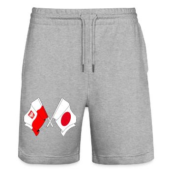 Drapeau de la Pologne et drapeau du Japon croisés - Short de jogging bio TRAINER Stanley/Stella unisexe - gris chiné - Devant - Nik (191cm) & Marisol (170cm)