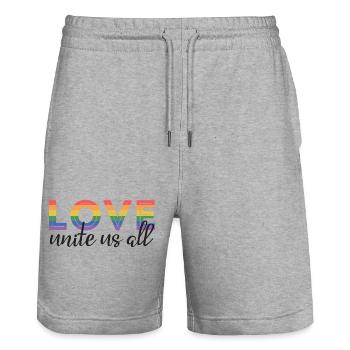 LGBT Pride Month - Love unite us all - Stanley/Stella Trainer Unisex Organic Jogging Shorts - heather grey - Front - Nik (191cm) & Marisol (170cm)