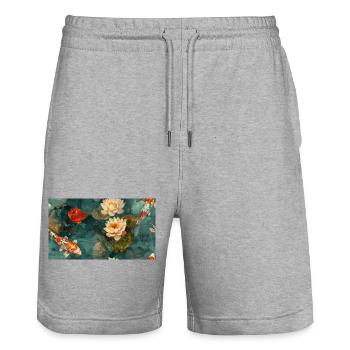 Fleurs de koï et de lotus sur l’eau turquoise - Short de jogging bio TRAINER Stanley/Stella unisexe - gris chiné - Devant - Nik (191cm) & Marisol (170cm)