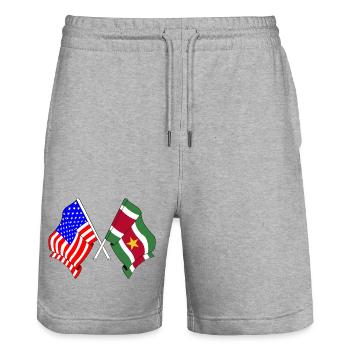 Flag USA and flag Suriname - Stanley/Stella Trainer Unisex Organic Jogging Shorts - heather grey - Front - Nik (191cm) & Marisol (170cm)