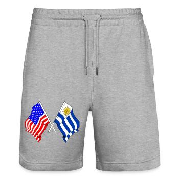 Flag USA and flag Uruguay - Stanley/Stella Trainer Unisex Organic Jogging Shorts - heather grey - Front - Nik (191cm) & Marisol (170cm)