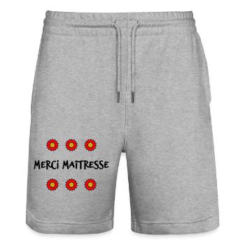 MAÎTRESSE. MAITRE. MERCI. MERCI MAÎTRESSE - Short de jogging bio TRAINER Stanley/Stella unisexe - gris chiné - Devant - Nik (191cm) & Marisol (170cm)