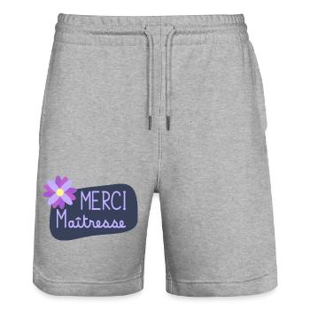 MAÎTRESSE. MAITRE. MERCI. MERCI MAÎTRESSE - Short de jogging bio TRAINER Stanley/Stella unisexe - gris chiné - Devant - Nik (191cm) & Marisol (170cm)