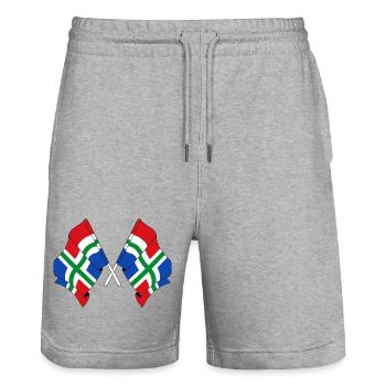 Zwei Flaggen der Provinz Groningen - Stanley/Stella Unisex Bio Joggingshorts Trainer  - Grau meliert - Vorne - Nik (191cm) & Marisol (170cm)