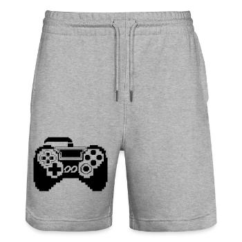 Graphismes pixel de la manette de jeu - Short de jogging bio TRAINER Stanley/Stella unisexe - gris chiné - Devant - Nik (191cm) & Marisol (170cm)