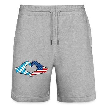 Bavaria USA Flag Hands Heart Shape - Stanley/Stella Trainer Unisex Organic Jogging Shorts - heather grey - Front - Nik (191cm) & Marisol (170cm)