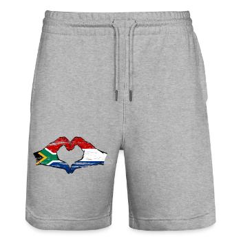 Afrique du Sud Hollande drapeau mains coeur utilisé - Short de jogging bio TRAINER Stanley/Stella unisexe - gris chiné - Devant - Nik (191cm) & Marisol (170cm)