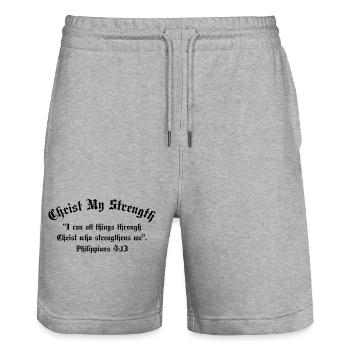 Christ My Strength - Stanley/Stella Trainer Unisex Organic Jogging Shorts - heather grey - Front - Nik (191cm) & Marisol (170cm)
