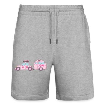 Auto mit Wohnwagen und Koffer in Rosa Herz - Stanley/Stella Unisex Bio Joggingshorts Trainer  - Grau meliert - Vorne - Nik (191cm) & Marisol (170cm)