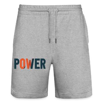 Powerful typography design in contrasting colours - Stanley/Stella Trainer Unisex Organic Jogging Shorts - heather grey - Front - Nik (191cm) & Marisol (170cm)