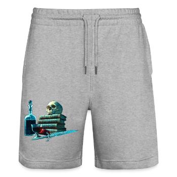 Bücher Design, Menschenschädel, Weinflasche - Stanley/Stella Unisex Bio Joggingshorts Trainer  - Grau meliert - Vorne - Nik (191cm) & Marisol (170cm)