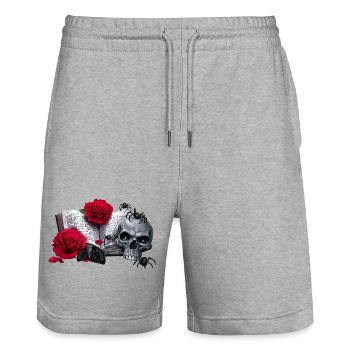 Gothic-Buch mit Rosenblüten, Menschenschädel - Stanley/Stella Unisex Bio Joggingshorts Trainer  - Grau meliert - Vorne - Nik (191cm) & Marisol (170cm)