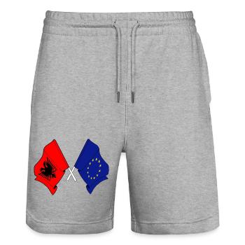 Flag of Albania and flag of Europe - Stanley/Stella Trainer Unisex Organic Jogging Shorts - heather grey - Front - Nik (191cm) & Marisol (170cm)