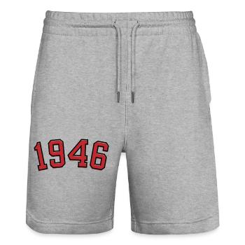 Sport year of birth 1946 - Stanley/Stella Trainer Unisex Organic Jogging Shorts - heather grey - Front - Nik (191cm) & Marisol (170cm)