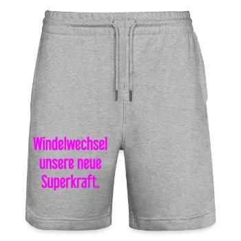 Diaper change – our new superpower - Stanley/Stella Trainer Unisex Organic Jogging Shorts - heather grey - Front - Nik (191cm) & Marisol (170cm)