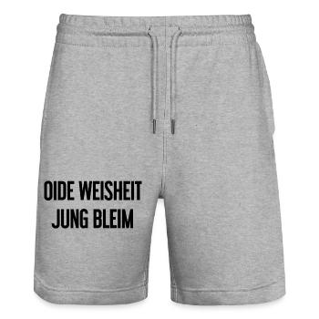 Oide Weisheit, jung bleim – Bavarian saying - Stanley/Stella Trainer Unisex Organic Jogging Shorts - heather grey - Front - Nik (191cm) & Marisol (170cm)