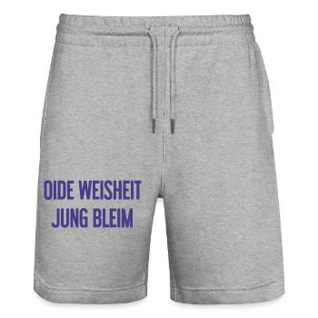 Oide Weisheit, jung bleim – dicton bavarois - Short de jogging bio TRAINER Stanley/Stella unisexe - gris chiné - Devant - Nik (191cm) & Marisol (170cm)