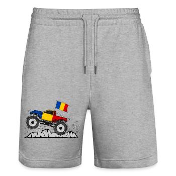Romania Flag Monster Truck - Stanley/Stella Trainer Unisex Organic Jogging Shorts - heather grey - Front - Nik (191cm) & Marisol (170cm)