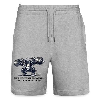 Kraftgorilla mit Langhantel | Lustiges Gym Animal  - Stanley/Stella Unisex Bio Joggingshorts Trainer  - Grau meliert - Vorne - Nik (191cm) & Marisol (170cm)