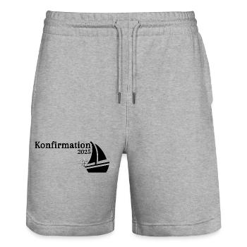 Konfirmation 2025 Schiff segelt am Horizont - Stanley/Stella Unisex Bio Joggingshorts Trainer  - Grau meliert - Vorne - Nik (191cm) & Marisol (170cm)