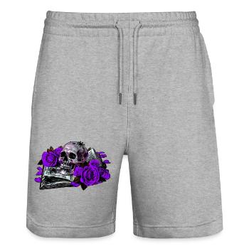 aufgeschlagenes Buch, Rosenblüten, Menschenschädel - Stanley/Stella Unisex Bio Joggingshorts Trainer  - Grau meliert - Vorne - Nik (191cm) & Marisol (170cm)