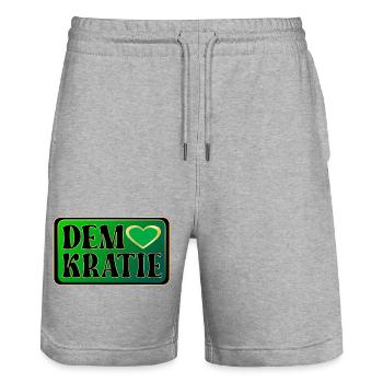 HALTUNG HERZ DEMOKRATIE - Stanley/Stella Unisex Bio Joggingshorts Trainer  - Grau meliert - Vorne - Nik (191cm) & Marisol (170cm)