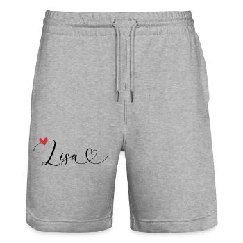Lisa Nom Prénom Calligraphie Coeur - Short de jogging bio TRAINER Stanley/Stella unisexe - gris chiné - Devant - Nik (191cm) & Marisol (170cm)