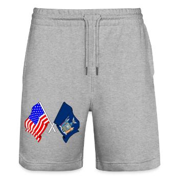 USA and state of New York flag crossed - Stanley/Stella Trainer Unisex Organic Jogging Shorts - heather grey - Front - Nik (191cm) & Marisol (170cm)