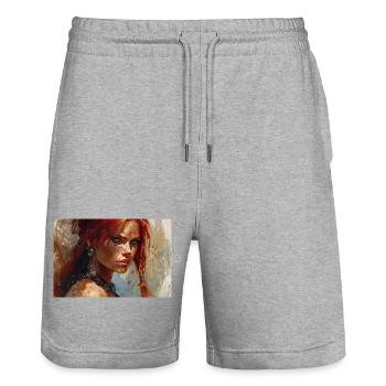 Poster Illustration Kriegerin Frau Rot Sonja - Stanley/Stella Unisex Bio Joggingshorts Trainer  - Grau meliert - Vorne - Nik (191cm) & Marisol (170cm)