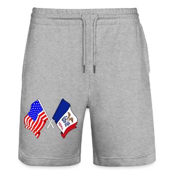 Flagge der USA und des Bundesstaates Iowa gekreuzt - Stanley/Stella Unisex Bio Joggingshorts Trainer  - Grau meliert - Vorne - Nik (191cm) & Marisol (170cm)